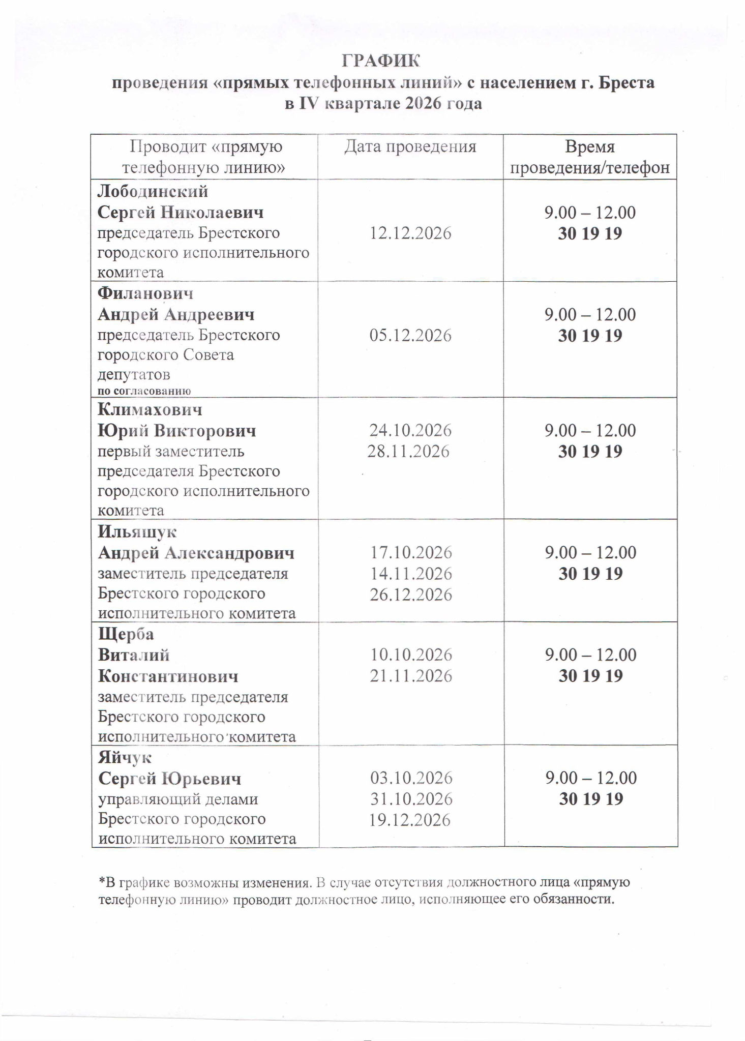 График прямых телефонных линий с населением Бреста в IV квартале 2026 года: должностные лица, даты, время и телефон.